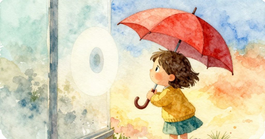 女孩看著窗上的貼紙說「It stays now」，手持布，窗外紅傘穿過霧圈，她神情滿足。結束。