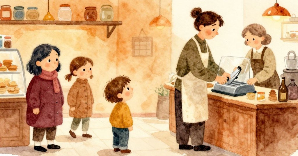 Alex 拿著 橘子 Sam 傾身 看 價籤 Lina 抬 起 熱 托盤 在 麵包店 內 好奇 專注