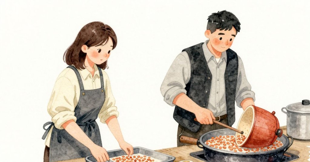 Nestor 拉開把手讓生豆倒出，Paloma 用湯匙翻動冷卻盤裡的豆子，室內高潮動作後仍顯專注與放鬆