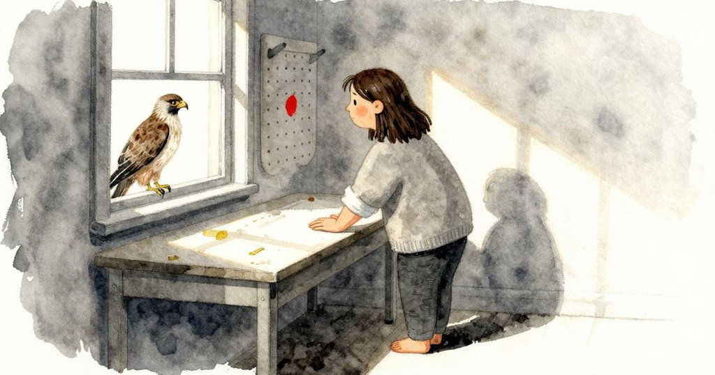 Keira 在工作台前,釘板上夾子的影子下移,窗外矮土墩和飛過的鷹,神情專注開始修補。