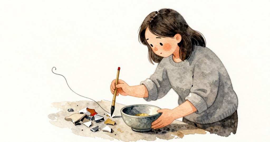 Keira 用竹刷在碎片縫上描線,吸取少量金色膠,專注又緊張,Nolan 在旁協助穩定碗。