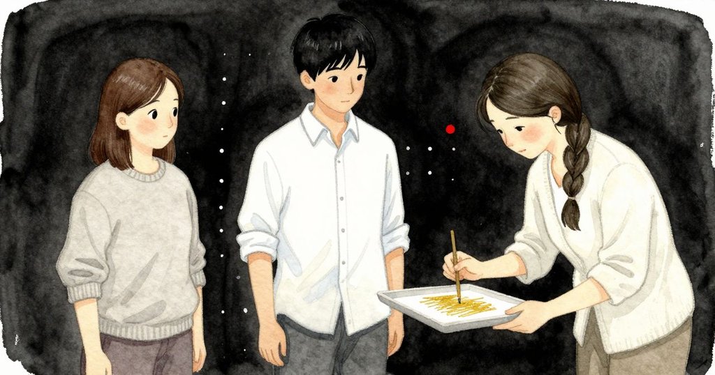 Keira 凝神拯救飛起的金絲,用刷子將絲回納入縫,Rosa 靠近放夾子,Nolan 在旁觀察緊張時刻。
