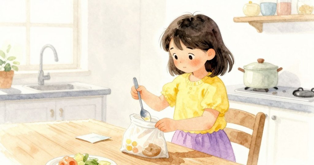 Rhea 撿起湯匙並把短篇滑入密封袋，廚房桌邊表現驚訝，故事發展進入整理的階段。