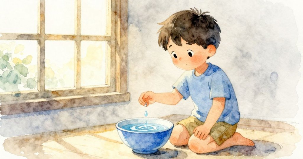 Blake注視水龍頭下一滴水落入藍色碗中，碗面漣漪擴散，廚房場景結尾帶著平靜與滿足