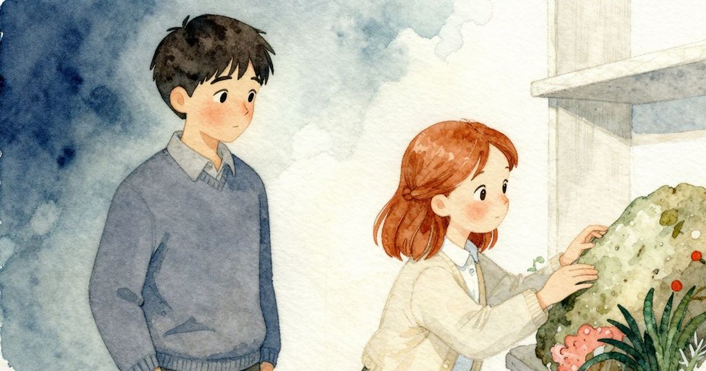 Ned把杯子抬起並放回，打開一本自然書示意空間，Katia注視著書架裡靜默的保留痕，神情沉思。