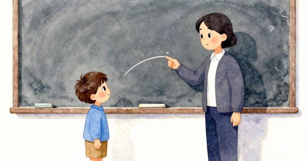 Teacher說「它會慢慢乾」，Student靜立傾聽，黑板粉筆線擴大，擦子灰塵慢慢落下，解說發展。