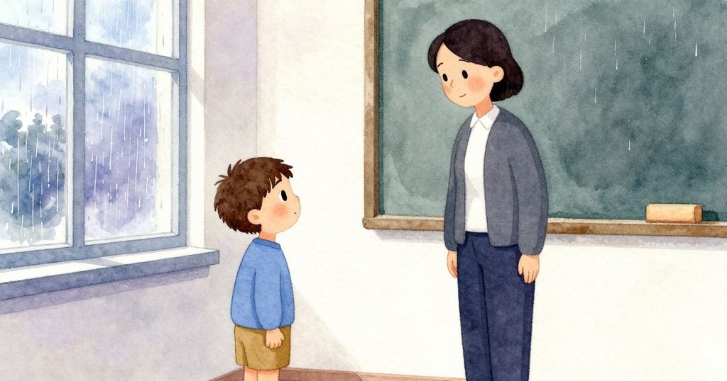 Student靜立在窗邊傾聽，雨打玻璃，Teacher在後方，故事以平靜等待作結。