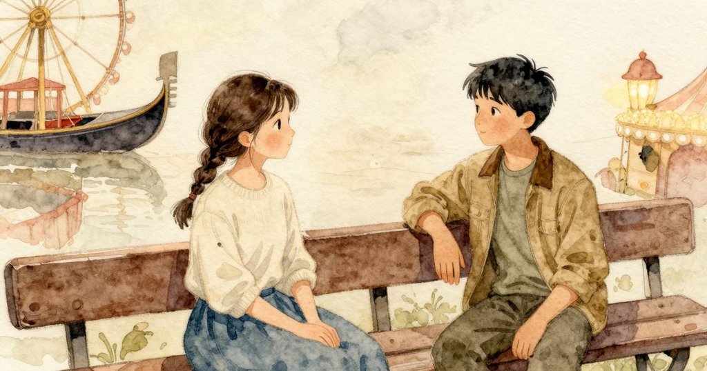 Mae 和 Warren 坐 在 摩天輪 頂端，從 玻璃 望下 遊樂場 如 圓盤，Mae 手 掌 停 住 感到 靜止
