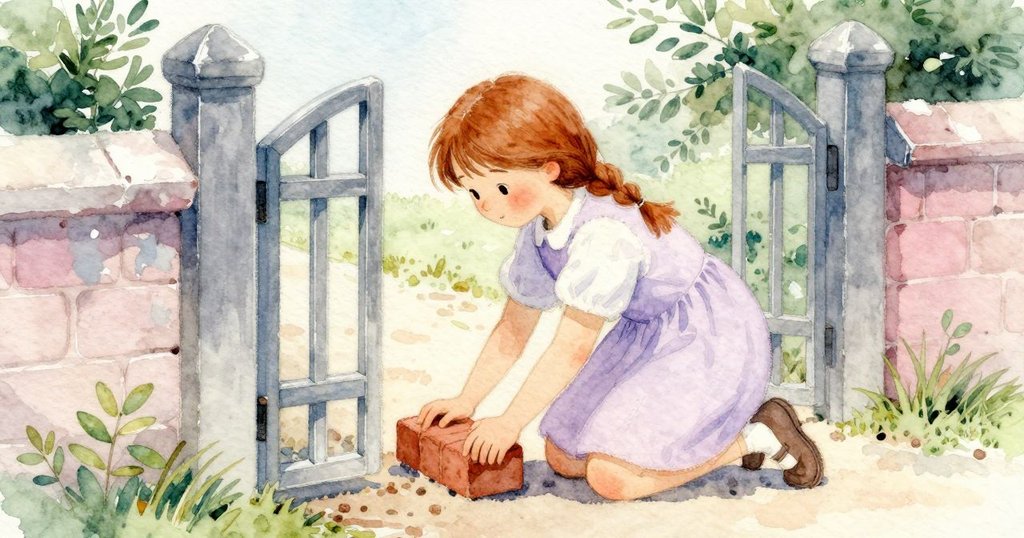 發展:Ruby先移動鬆動的磚塊固定門,跪著動作穩定,院子裡她表情專注準備下一步。