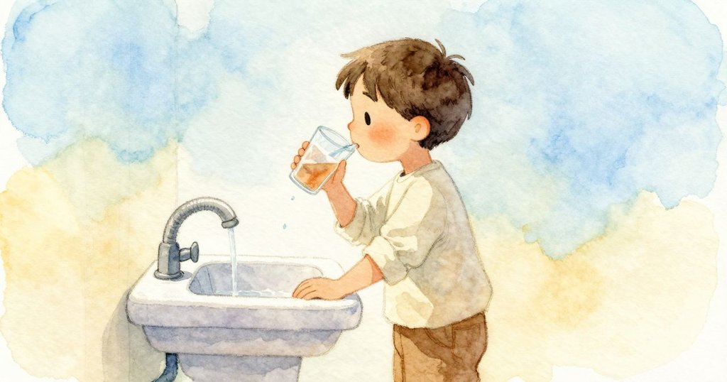 Cole把杯子移到水流下喝水,水成細線,他在廚房水槽旁平靜地喝,情緒放鬆