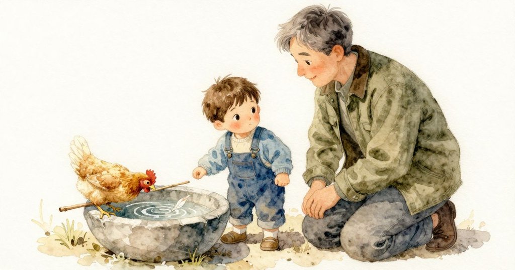 發展:石碗特寫 小羽毛漂在水面 波紋擴散 棒子靠在碗邊 雞靠近覓食 好奇的轉折