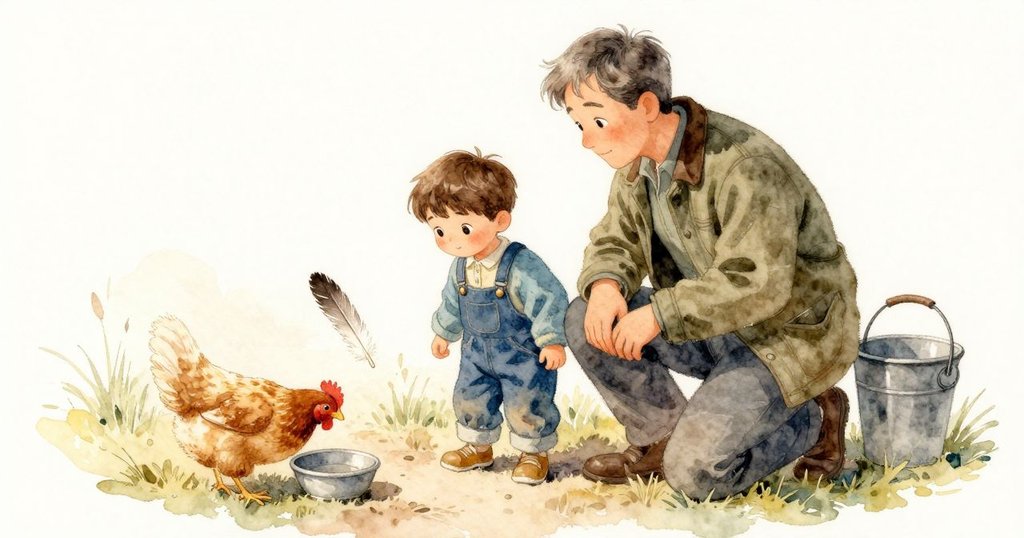 結尾:Beckett 與成人注視羽毛沿小徑飄去 小雞在碗邊喝水 背後水桶把手輕輕碰撞 成就感平靜