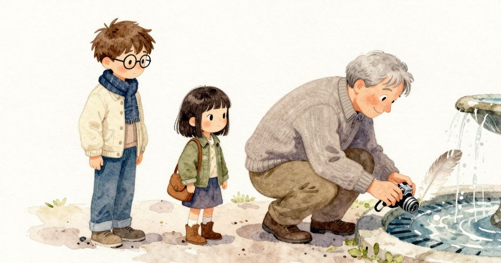 羽毛在噴泉邊緩緩滑向格柵(結局),Stellan、Kit與grandparent朝花圃走去,表情平靜且結束故事。