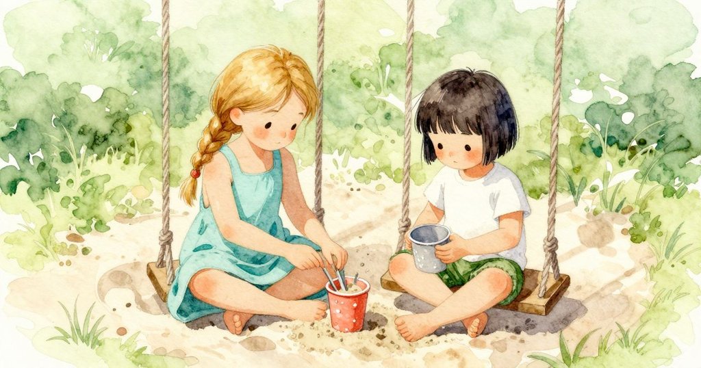 Swing Child One 和 Swing Child Two 在鞦韆下坐著,用一個皺杯裝沙子、用樹枝攪拌,玩耍專注,情節持續發展