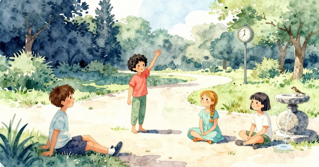 Narrator 看到噴泉石上水滴、路上麻雀停著與公園時鐘,安靜的時間流逝,場景呈現時間經過