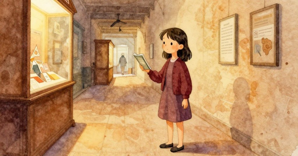 Clara 站在隔壁站點，將環圈冊子靠近乾燥架，自信地展示，走廊人群增加，故事推進。