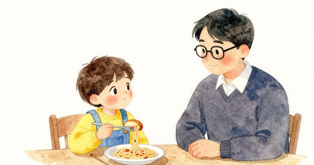 Child 對坐 Grown-up，Grown-up 說 有 醬 在 下巴，Child 好奇而微笑，杯子 有 冷凝 滴下，場景 發展