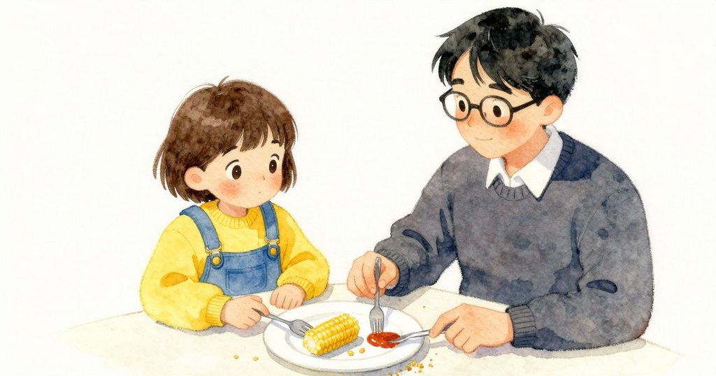 Child 與 Grown-up 坐在 桌邊，從 上方 看到 盤子 裡 麵條、醬 池、從 叉子 滴下 的 醬，玉米粒 在 盤上，情節 加劇