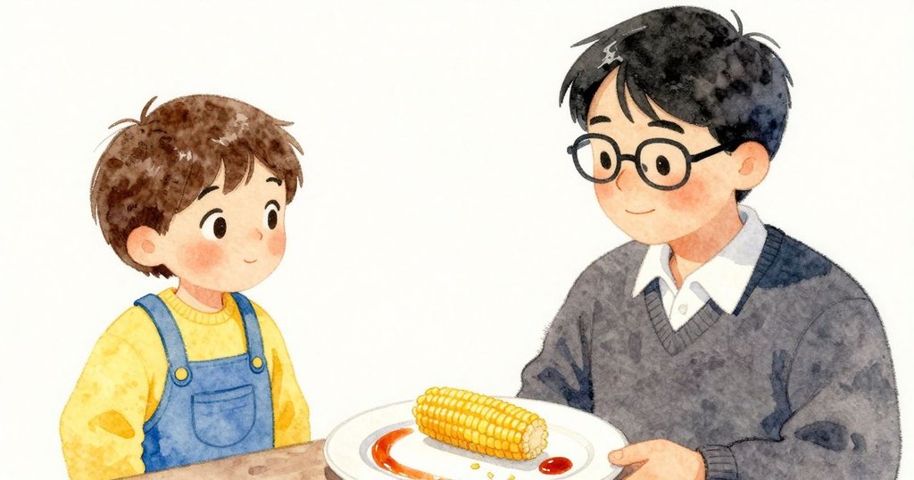 Child 先前 用 叉子 撥動，現在 玉米粒 靜放 在 盤上，圓弧 醬痕 及 麵條 池 清楚，情節 到 達 高潮