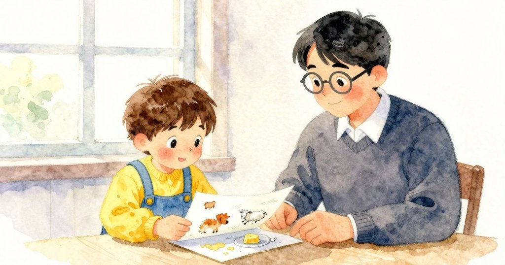 Child 在 桌邊 翻 開 書 頁，書 中 出現 牧羊人 與 羊 的 圖，Child 專注 欣賞，場面 逐步 解決