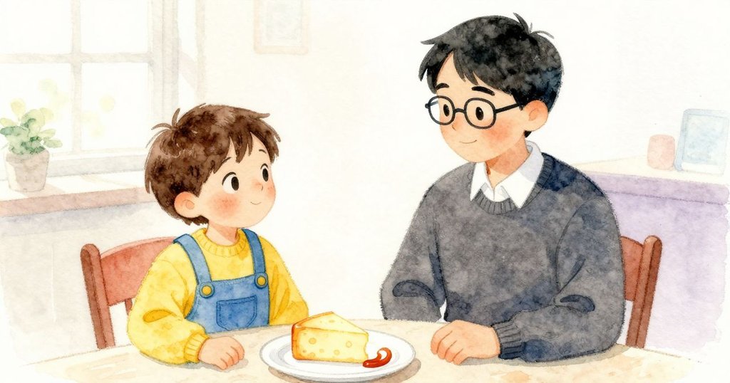 Child 與 Grown-up 坐 靜 在 桌邊，盤中 起司 軟化，邊 緣 可見 彎曲 的 醬痕，情節 平和 結束