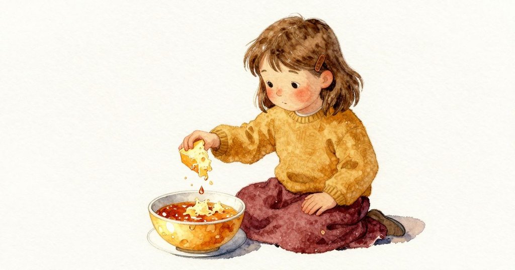Girl拿起起司碗，撒下細碎起司，撥開白色塊，露出亮亮的醬，驚喜表情