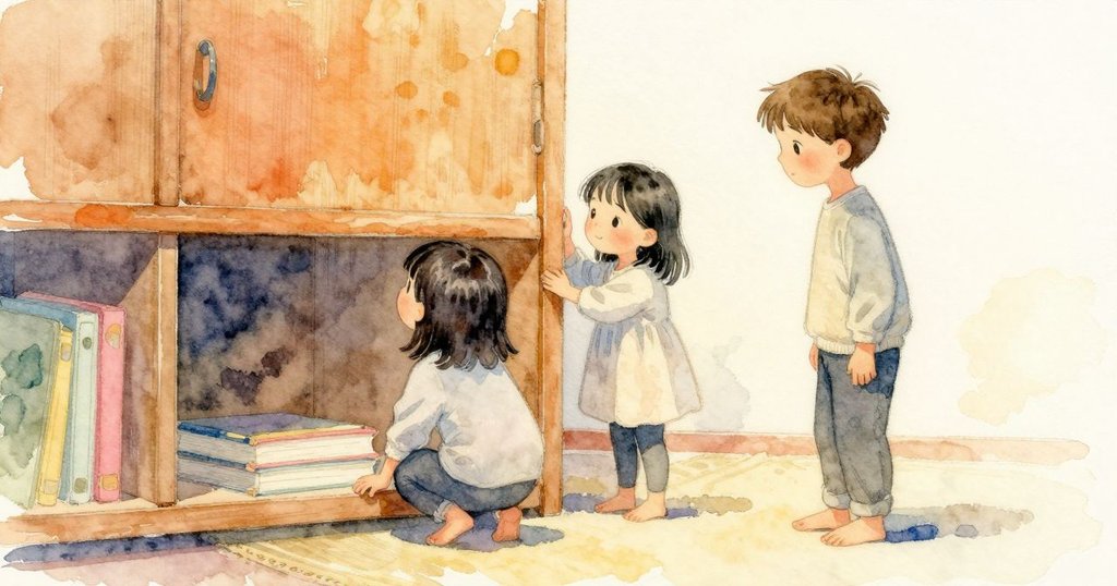 Theo蹲在架子邊盯著滾向架下縫隙的陀螺，Gemma站著說要扶住塔，架子後方有灰塵停著，緊張發展