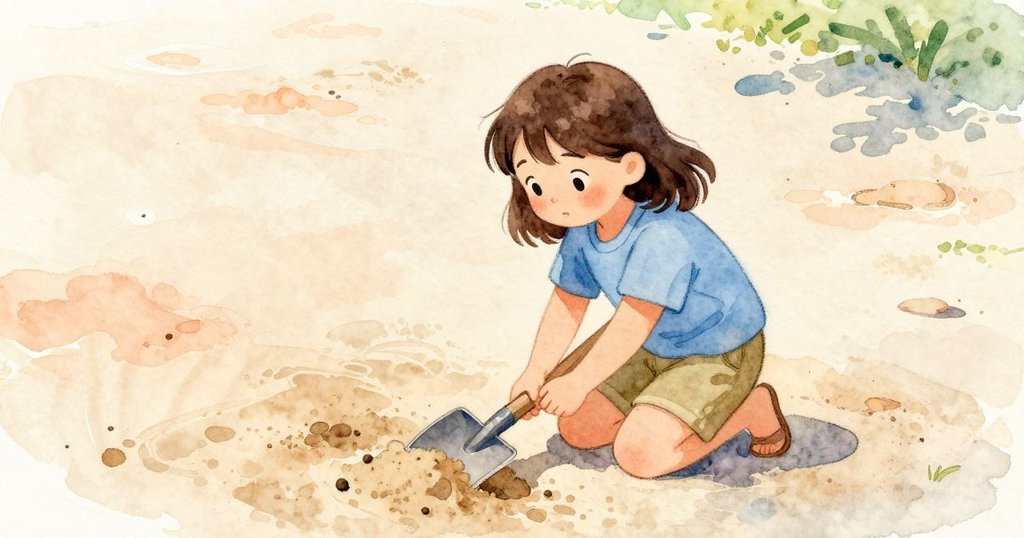 Sara在沙坑遠角鏟出黏塊,穩定跪姿,面露驚訝,場景展示問題的發展。