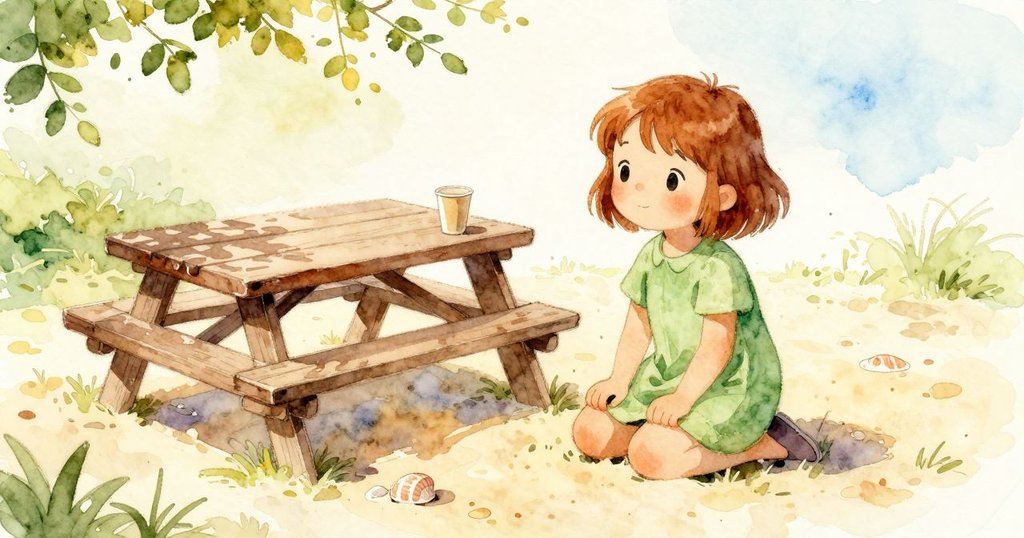 菲奧娜跪在靠近沙坑的矮野餐桌旁，桌上有紙杯和散落貝殼，光影在木板上滑動，她開始注意觀察。