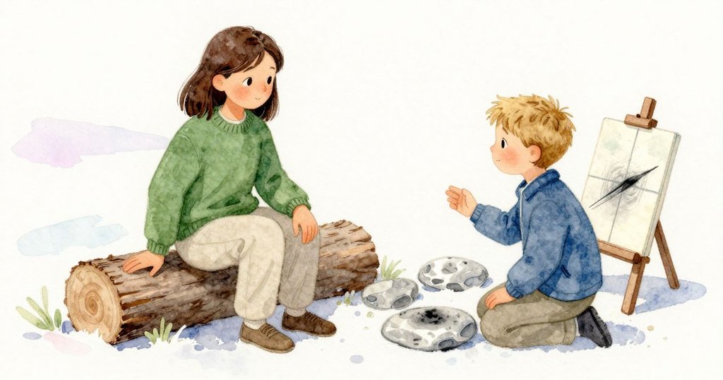 Nora 在石頭上把白瓷磚放在畫架上，用炭棒描繪山丘，畫面發展，專注描繪