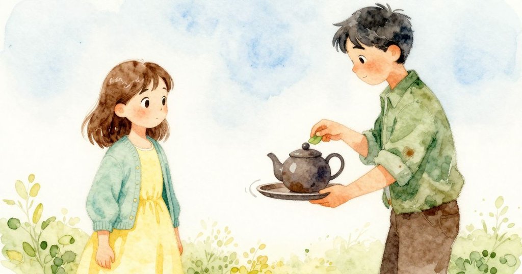 茶壺裡的薄葉在靠近壺嘴處蠕動，Tess再輕敲杯邊，托盤將振動傳開，故事發展。