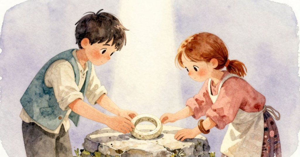 Ben觸摸石板發現淺色刻環驚訝，Margot靠近贊同並點出舊址，場面達到發現高潮