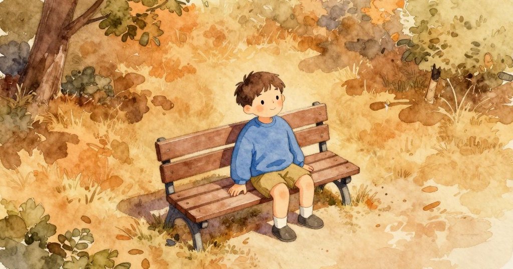 Ben 坐在公園長椅上 觸摸木扶手 露珠滑動 小公園 俯視 景象 他顯得好奇 故事開端