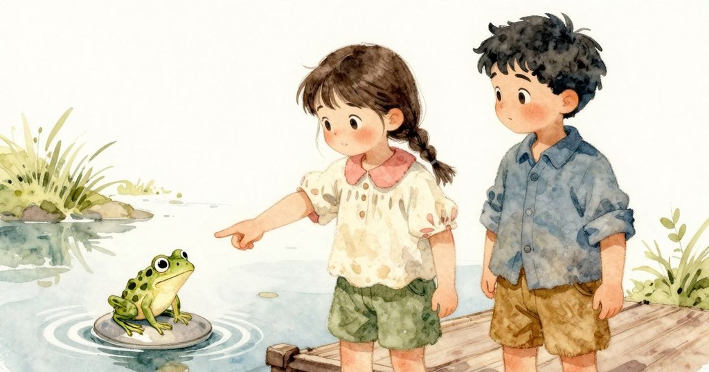 青蛙落在漂浮蓋子上，蓋子被波紋推向淺岸，Clyde 指著水圈，Rosa 驚訝且關注，高潮時刻。