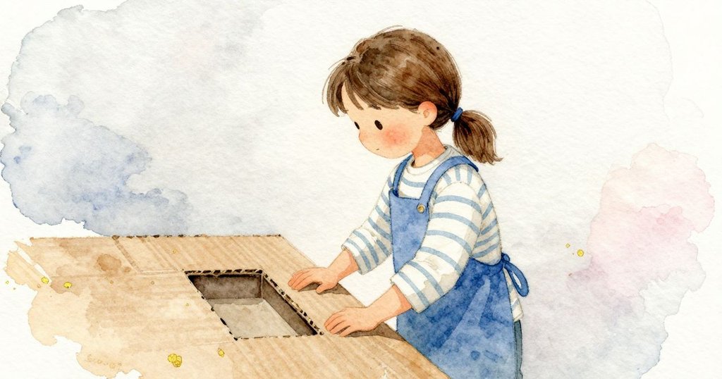 Clara 在 工作桌 前 舉起 有 小孔 的 硬紙板 檢查 內邊 對稱，專注，故事 發展 中