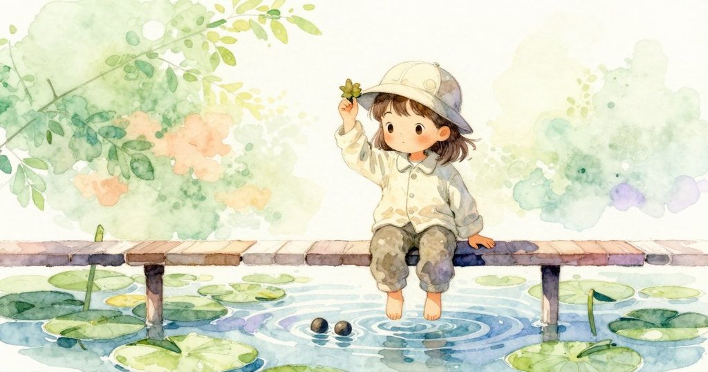 Lyra在欄杆調整手腕,低弧投放單顆飼料,帽上毛氈花被風吹起,魚與鴨在蓮葉間,情節推進。