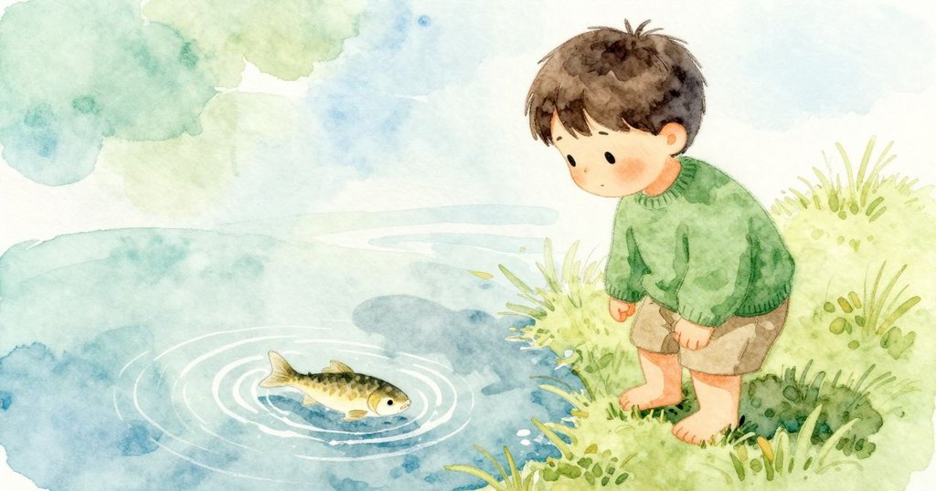 Basil 微微 低頭,水面 細淡 影子 滑過,魚 划過 並 引起 漣漪,表情 驚訝,情節 高潮