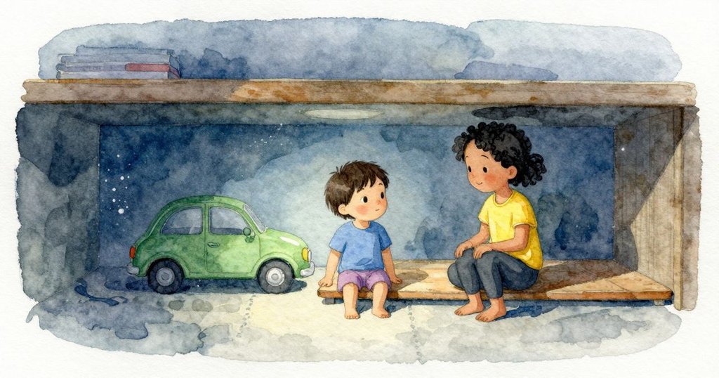 綠色小汽車停在低矮玩具架的縫隙裡,前半身在陰影中、後半身在微弱光線下,成為畫面焦點。縫隙後方可見細小灰塵慢慢飄動,前景的木板邊緣與柔軟墊子在下方延展。此處光線較冷、陰影加深,視線被導向地板高度的低角度視野。墊子的柔軟貼地感與漂浮灰塵的輕緩動勢清晰可辨。