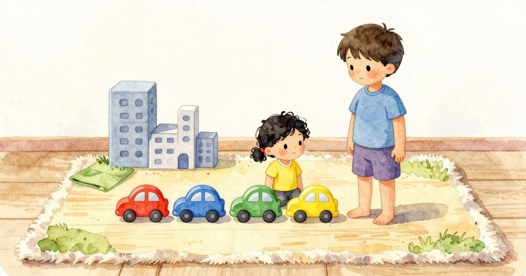 四台小汽車—紅、藍、綠、黃—整齊排在木板上,成為畫面焦點。後方是一座由木塊堆疊的小城,兩塊矮木塊形成一個市場轉角,旁邊鋪著一塊綠色布料像一片草地。柔軟的墊子圍繞在下方,光線溫和均勻。腳踝貼著墊子的柔軟壓感與場景的安定節奏,讓畫面顯得完成而安靜。