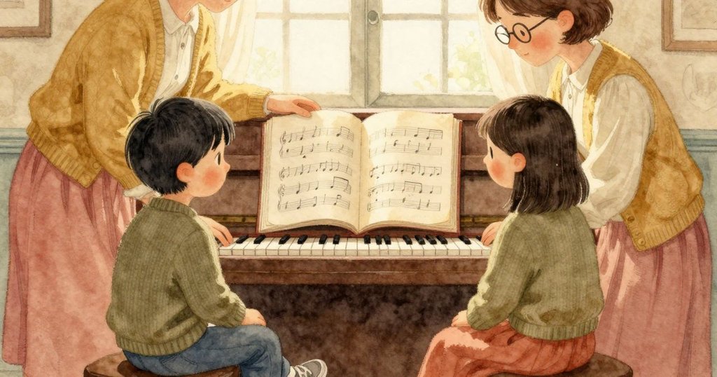 打開在鋼琴譜架上的樂譜書作為主體，頁面平整攤開在新的段落，紙邊在光下微微彎起。左右兩側可見站立的成人與坐著的學生下半身輪廓，視線朝向同一頁面。窗邊的暖光鋪在紙張與木質表面，空氣帶著溫度的停留感，課程短暫中止的安定氣息瀰漫。