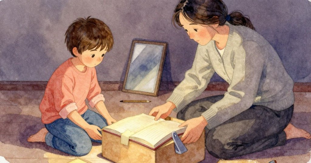塑膠楔子頂住一本微微弓起的書本前緣，畫面鎖定在此處；桌邊可見一小段膠帶把鉛筆固定住，鏡子的邊緣在後方若隱若現。書封面受光顯得溫暖，桌面質地清晰。可想像楔子就定位時那一下清脆的「喀嗒」，隨後膠帶撕開的銳利聲響與淡淡化學氣味升起；書面殘留的熱度與周圍較涼的空氣形成對比。