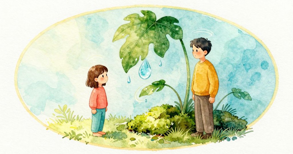 較重的一滴淚形水珠懸在葉片與玻璃相接處，是畫面的主體；下方是一團最深色的苔蘚，右側一片小小的無花果葉像在等候可能的落點。玻璃後方隱約有礦物暈邊，瓶底在羽邊手工紙上輕輕挪動過，纖維被悄悄刮起。牆上的亮斑略微位移，投下一道溫暖邊緣。可聽見細小的輕點聲與窗外麻雀短促一響後的安靜，感到玻璃的清涼與紙纖維被摩擦時的微弱呢喃。