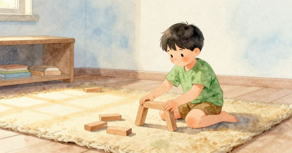 孩子坐在軟墊上擺放兩塊扁平木塊作為主體，木塊正被排成一個小拱門，位於畫面右側近景。左邊是一個低矮的收納架，地上有幾塊散落的木積木，地板上斜落一條淡淡的晨光帶。軟墊的編織紋理清楚可見，場景簡潔安靜。空氣中有淡淡的木頭積木氣味，觸感上軟墊顯得柔軟而穩。整體氛圍輕盈寧靜，像是剛開始的一個安穩早晨。