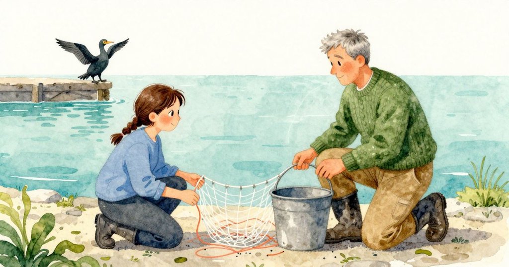 放在女子膝邊的廢料桶成為畫面焦點；細小的線頭落進桶內，男子在旁將桶推近，女子持續在網前工作。中景可見懸掛的網與石板地，遠方碼頭柱上有一隻鸕鶿半展著翅。光線柔和微暖，聽得到零碎線頭落入桶裡的輕響與遠處水面緩慢的拍牆聲，空氣仍帶些鹹味。