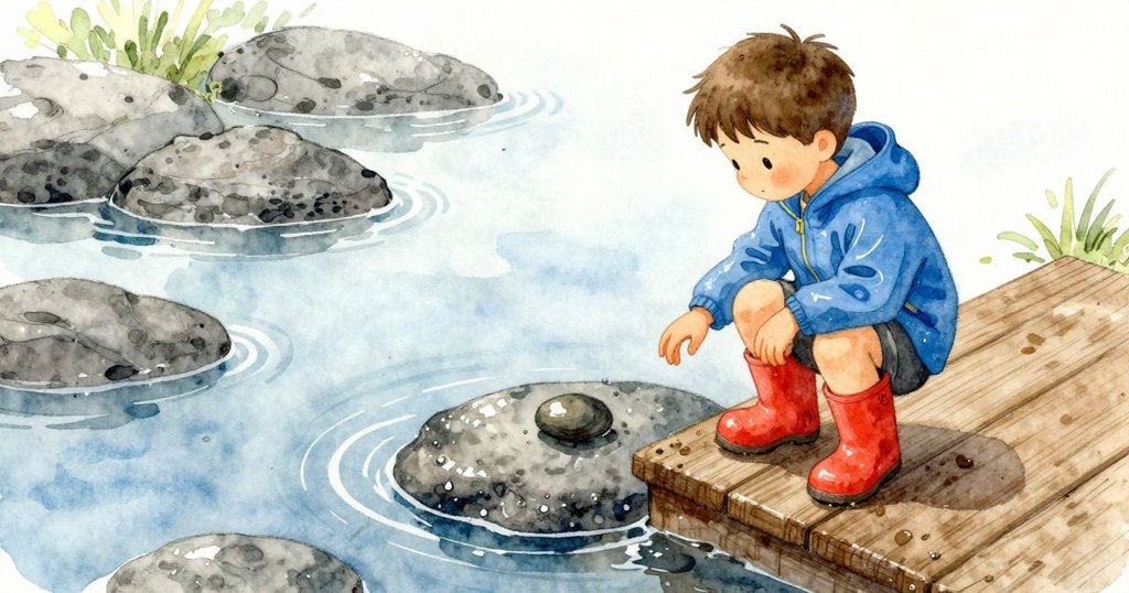 小石子是主體，安靜地停在一塊溼潤的石面上，周圍還掛著細小水珠像剛濺起過。旁邊有一只帶泥的靴跟，水坑邊緣可見微弱的圓形波紋向外散去。空氣清涼、表面潮濕，水珠顫亮；先前的「噗通、滴答」聲已漸淡，留下輕微回響。