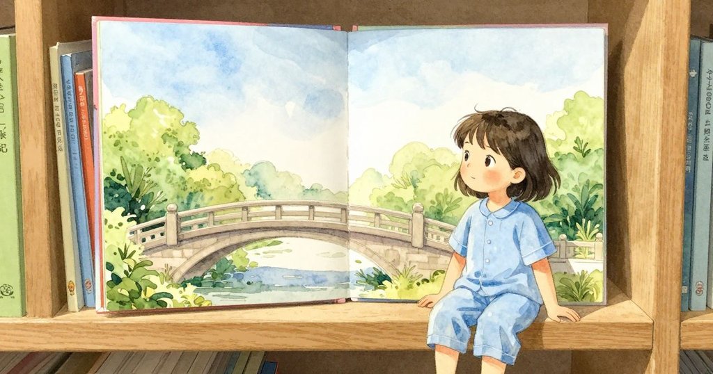 一本封面畫著橋的圖畫書完整地呈現在低矮書架上，成為畫面的中心；旁邊的另一本書已經不再擋住，它與其他書脊一同圍出一個有序的框。孩子的頭肩在側邊微微前傾，給畫面留出視線。光線均勻而明亮。地毯觸感看來柔厚，空氣帶著晨間的暖度與清新。四周安靜，只聽得到翻動書本可能發出的輕微聲響。