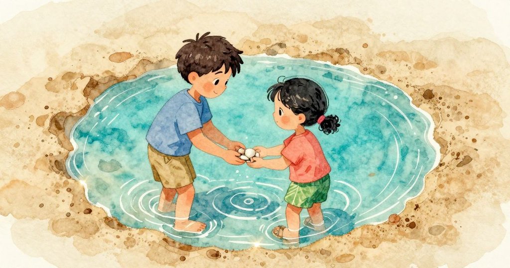聚在環形溝內的水池為主體,幾枚貝殼安穩地停在水中,亮亮的細波紋沿著內緣閃動,外圍的濕沙呈現較深色的穩固質感。可以感到水流減速後的平靜與微涼,殘留的鹽味輕輕停在空氣裡,水即將退去前那一線亮光像輕聲吸氣般細緩。