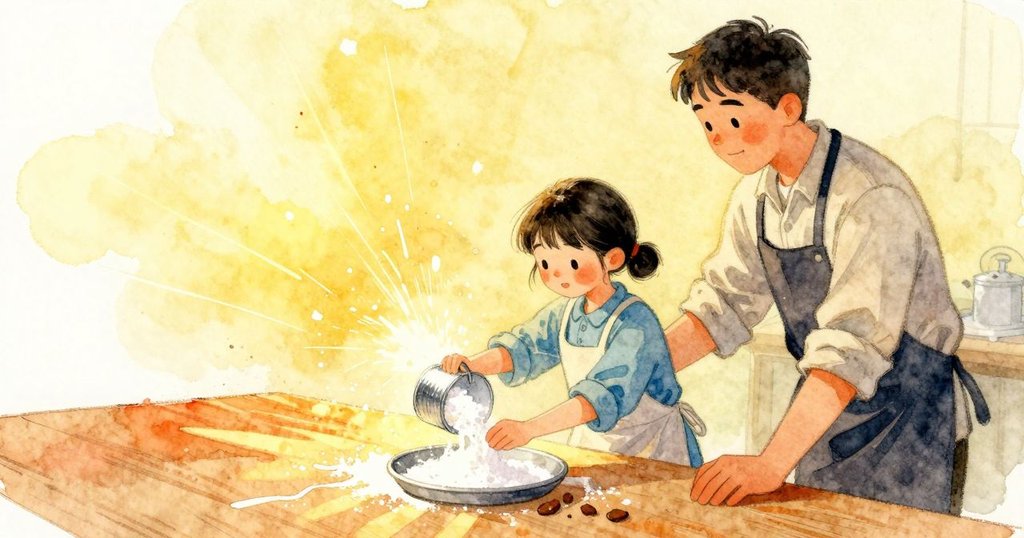 一小團澱粉從金屬灑粉罐口瞬間滑出，於紙張邊緣綻開成放射狀的細粒，像微小的日出。旁邊的淺盤邊緣有一條細細的鋸木屑正緩緩越過唇口，桌面上還可見幾點深色乾墨屑。明亮而溫暖的光束照在粉末上，使每一顆微粒都帶著閃亮的質感。空氣潮濕讓孔洞易結塊，輕敲罐身時可想像微弱的「嗒」聲，粉末散落後留下乾爽、輕微刺癢的粉感。