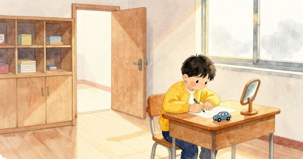 孩子前傾倚在木質書桌上，成為焦點，衣袖輕擦光滑桌面，姿勢專注而安定。桌面右前方擺著一面小矩形鏡子與一台藍色小汽車，紙張平放在中央。後方可見開放式收納與半開的教室門，左側窗戶投進淡淡亮光。木頭觸感顯得清涼而平整，空氣乾燥，門口的風似乎很輕。整體氛圍安靜，像能聽到遠處微弱的雨意。