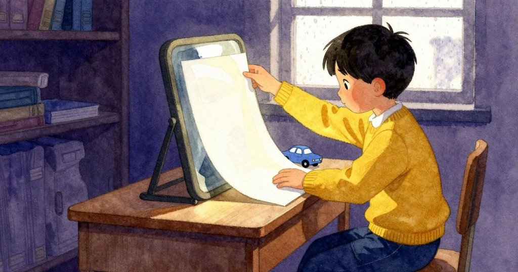 孩子正把一張紙蓋到小鏡子上，這個覆蓋的動作成為畫面重心。紙邊形成一道溫暖的金色亮線，藍色小汽車從紙側邊半露出來。桌面整潔，後方是模糊的收納與帶雨光的窗景。此刻空氣仍乾、風很輕，動作穩定而專注，像能聽到遠處玻璃被雨點輕敲的節奏。